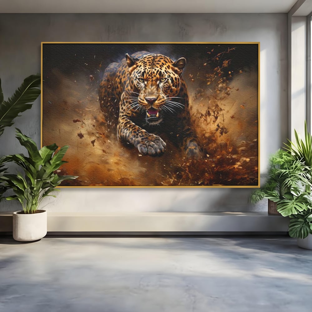 Tablou canvas cu tablou canvas cu leopard in alergare, in rama de aluminiu auriu